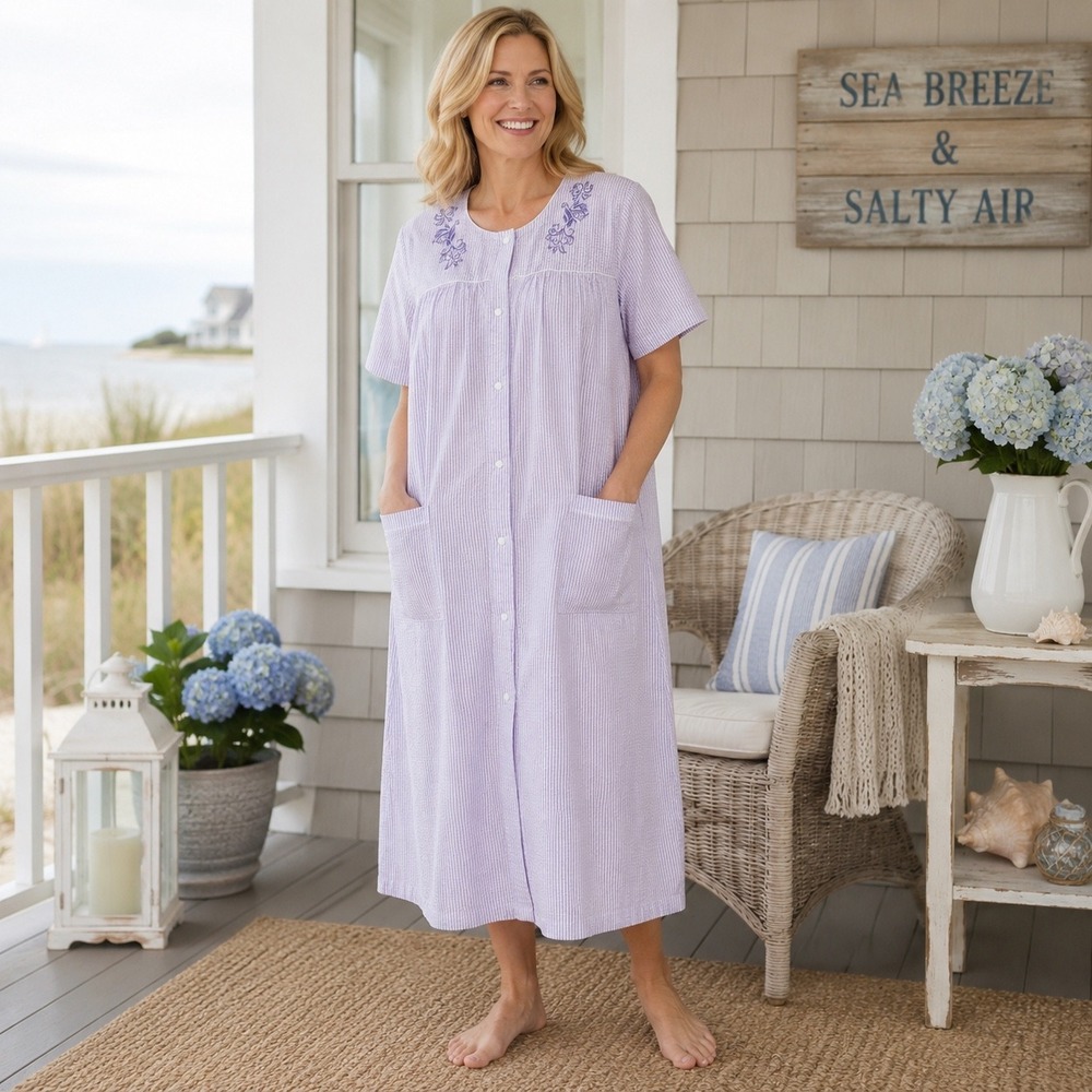 The Vermont Country Store XL Purple White Seersucker Cotton Snap Front Nightgown